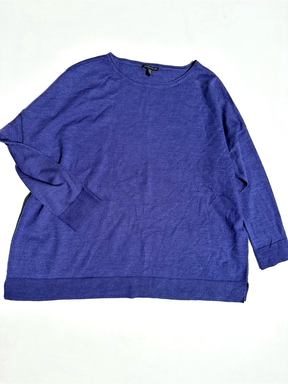 Eileen Fisher 100% Merino Relaxed Knit Long Boat neck Sweater in Indigo Purple L